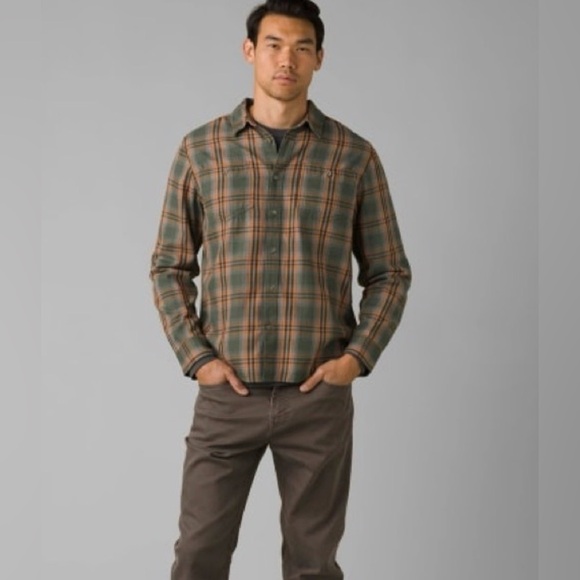 prAna Mens Dolberg Plaid Cotton Flannel Shirt in Kale Standard Fit Medium Tall - Picture 3 of 12